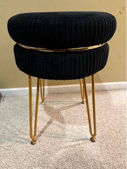 Black Velvet Vanity Stool with Gold Legs