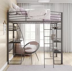 Twin Metal Loft Bed with Integrated Desk and Shelves, Silver