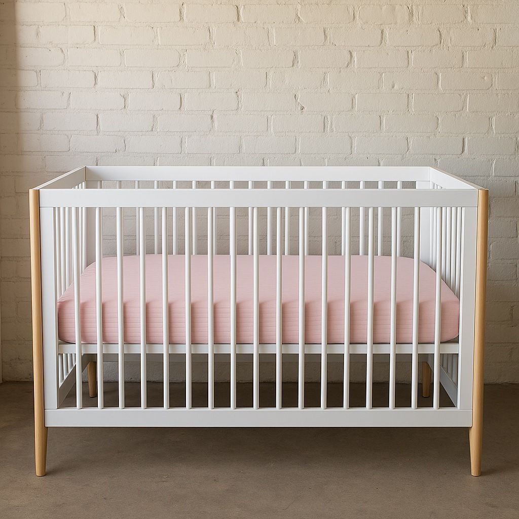 Modern White Baby Crib with Natural Wood Legs + Pink Mattress