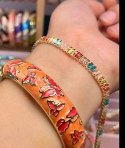 Enamel Floral Bangle and Rainbow Tennis Bracelet Set