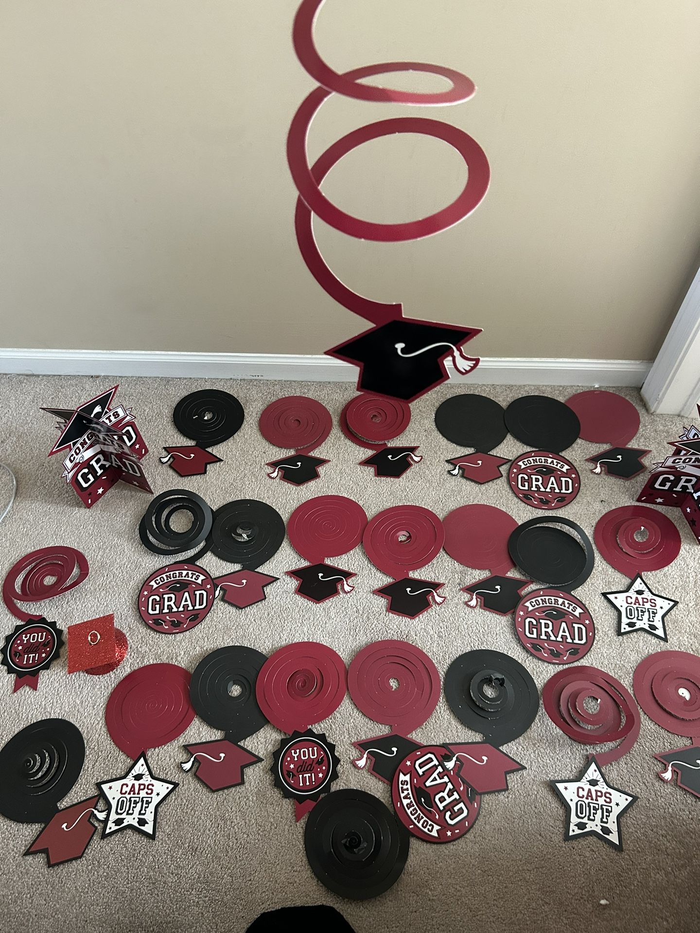Maroon Red Graduation Decorations Including 2 Yard Signs, 2 Large Banners, 1 Small Poster, 1 card box, 2 Centerpieces, And 20 Hanging Pieces