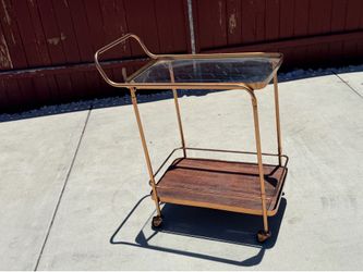 Gold Metal Bar Cart with Glass and Wood Shelves