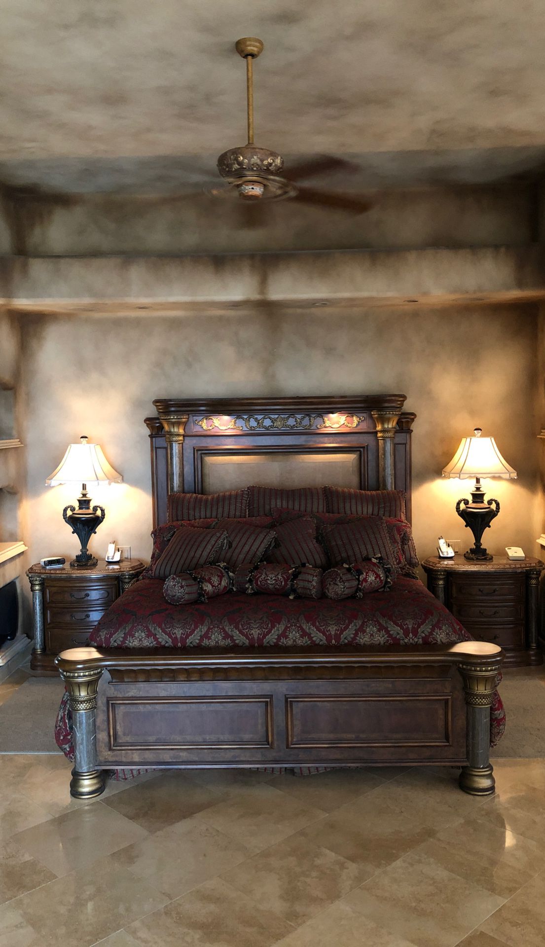 Luxury king size master bedroom set complete with nightstands and armoire