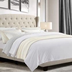 Beige Upholstered Wood BedFrame Queen Luxury  with Tufted Headboard New