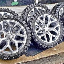 24” CHROME SNOWFLAKE WHEELS RIMS + OFF-ROAD TIRES (4) SILVERADO SIERRA WE FINANCE