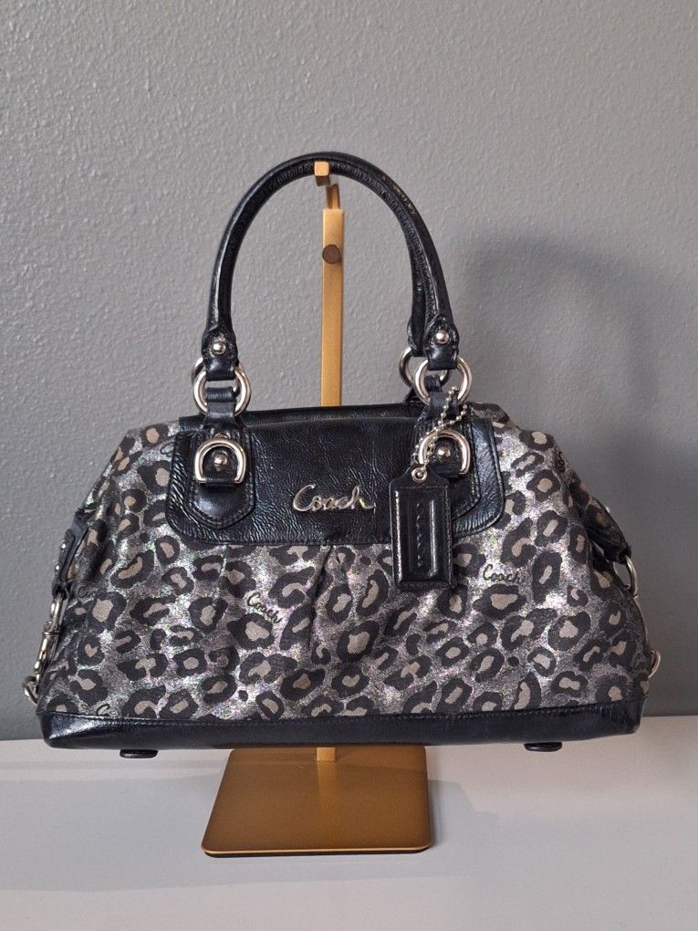 Coach Ashley Signature Optic Black Ocelot Leopard Satchel Bag F15520