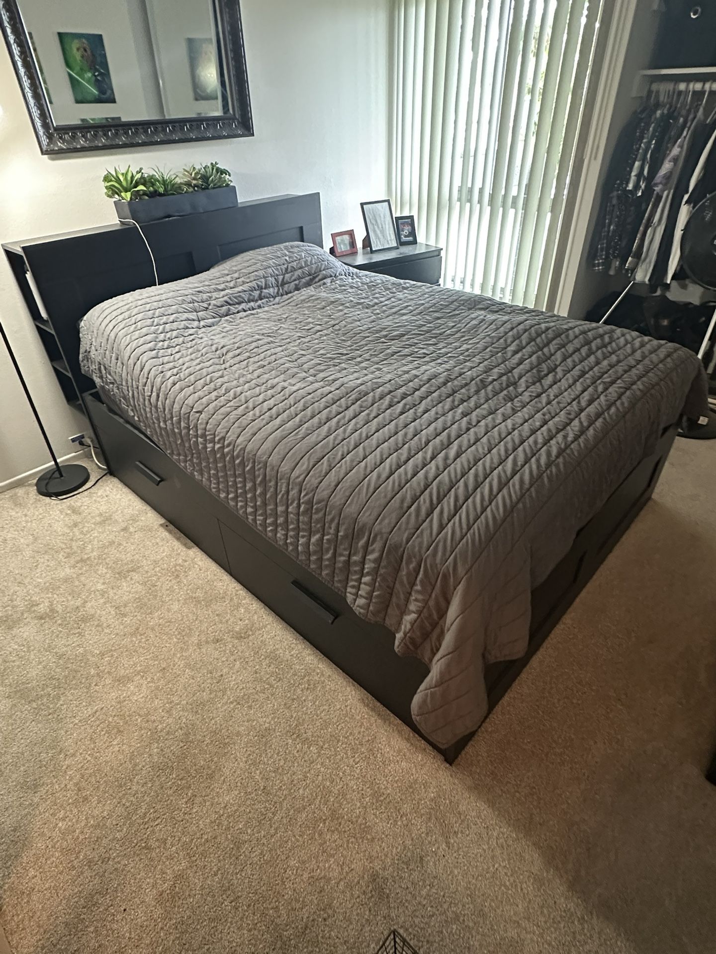 Queen Bed Frame + Headboard - With four Storage Drawers / Cubbies