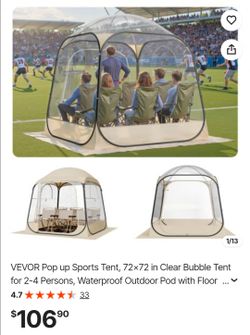 VEVOR Pop up Sports Tent, 72x72 in Clear Bubble Tent for 2-4 Persons, Waterproof Outdoor Pod with Floor Mat & Top Cover, Garden Igloo Dome Tents Campi