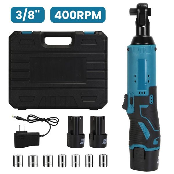 (In Stock & Fast Shipping)3/8" Cordless Electric Ratchet Wrench Set with 2 Batteries, Charger & 7 Sockets – 400RPM
