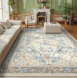 8'x10' Vintage Bird Washable Rugs for Living Room, Beige Botanical Floral Large Area Rugs for Bedroom, Non-Slip Soft Natural Rugs for Dining Room, Acc