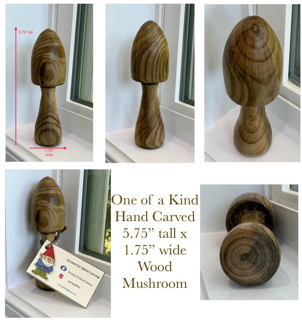 One of a Kind Hand Carved 5.75” tall x 1.75” wide Wood Mushroom