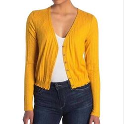 ABOUND Yellow Treasure Pointelle Knit Crop V Neck Button Front Cardigan Womens Small S