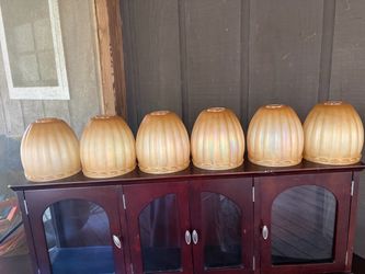 set of six amber gold iridescent fluted/ribbed tulip-style glass lamp shades, resembling vintage
