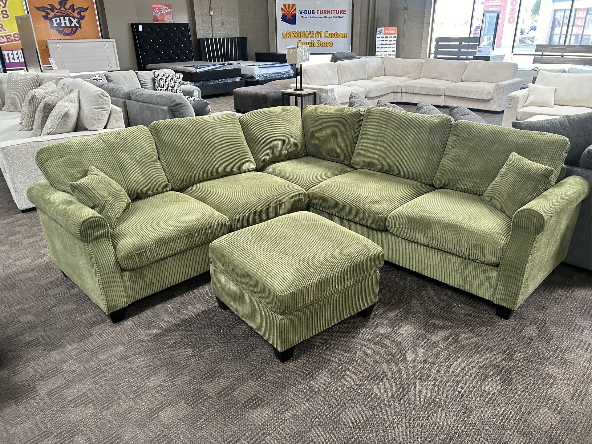 Sage Green Sectional W/ Ottoman