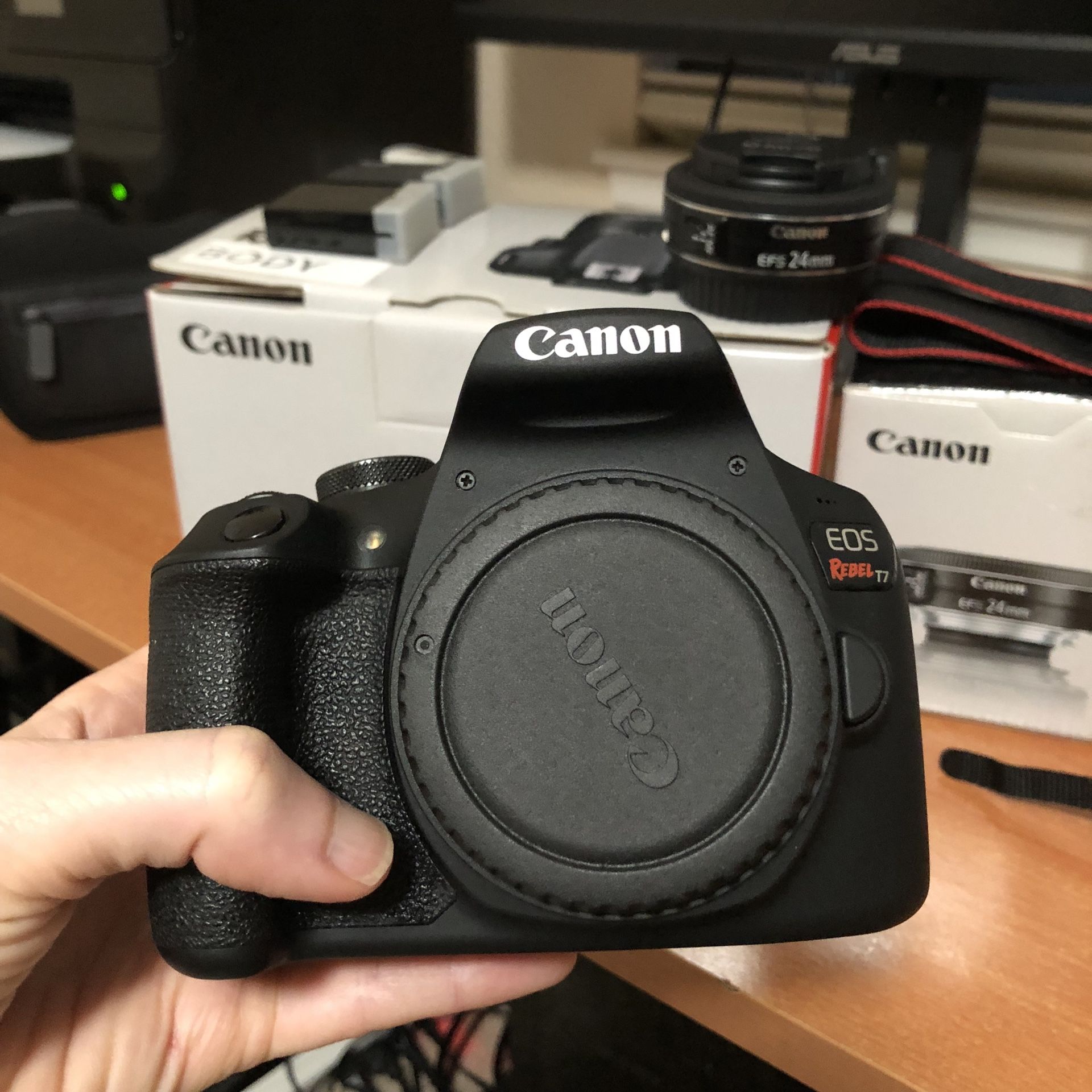 Canon Rebel T7 + 24mm Lens + Charger + 3 Batteries + Strap for Sale in