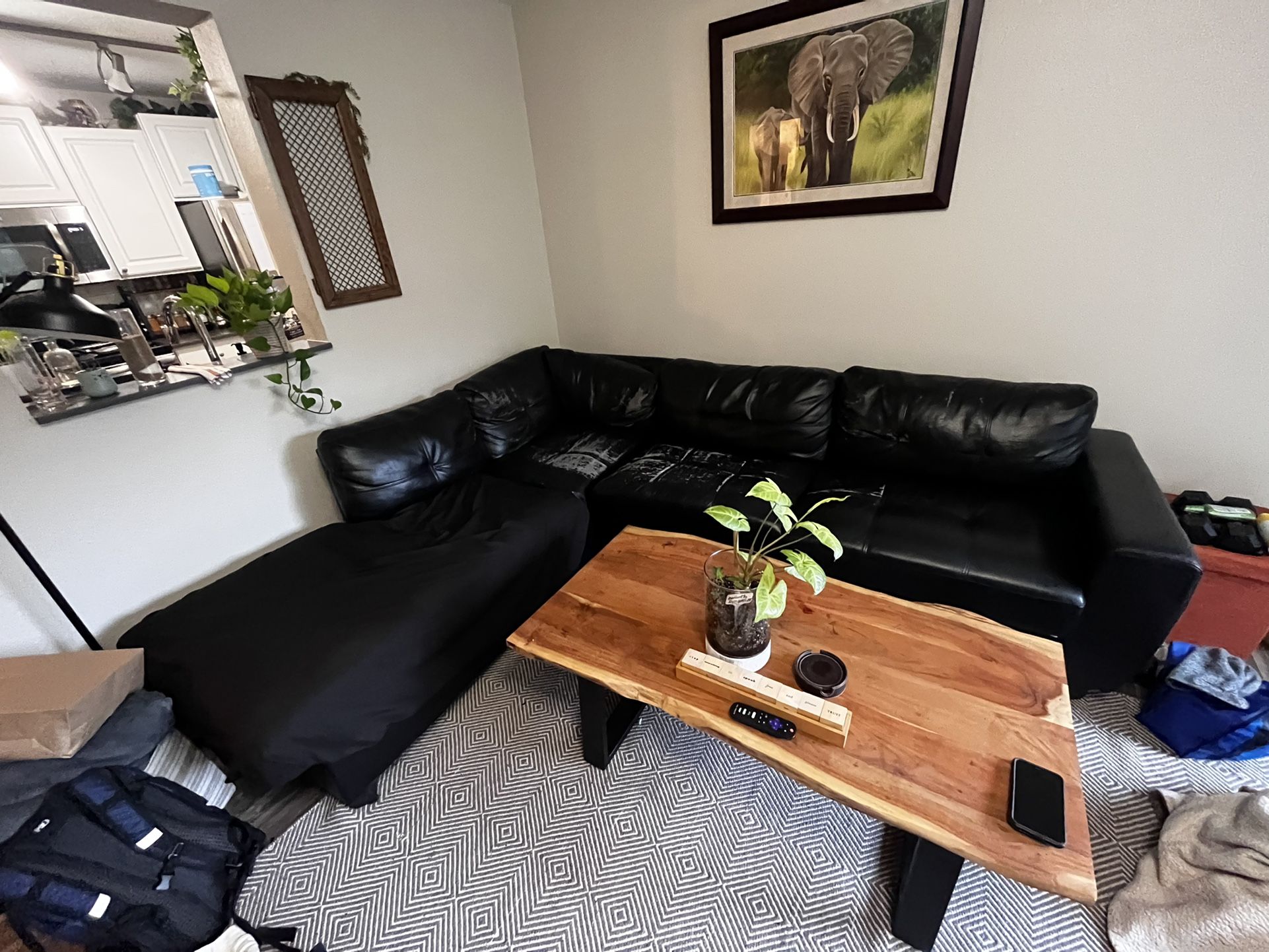 Black Faux Leather Sectional Sofa With Loveseat And Ottoman- Left Facing With 
