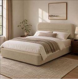 Queen Bed Frame, Beige Boucle Upholstered Platform Bed
Low profile design with Adjustable Cloud Like Headboard, Rounded Corners, Solid Wood Slat Suppo
