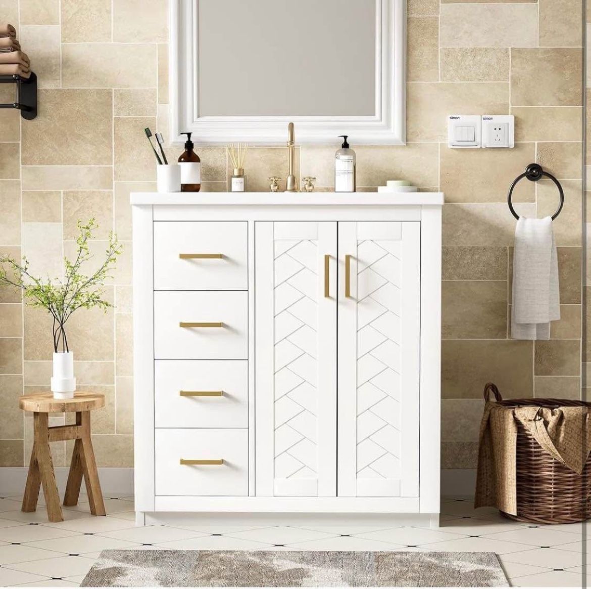 Merax Herringbone Single Sink Bathroom Vanity, Freestanding 30" Modern Bathroom Vanity Storage Cabinet with 3 Drawers and 2 Doors, Solid Wood Frame