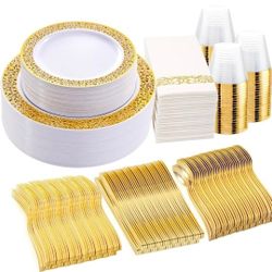Gold Plastic Dinnerware Sets for 50 Guests