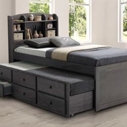 Brand New Grey Twin Size Captains Bed w Trundle Bed  + Drawers 