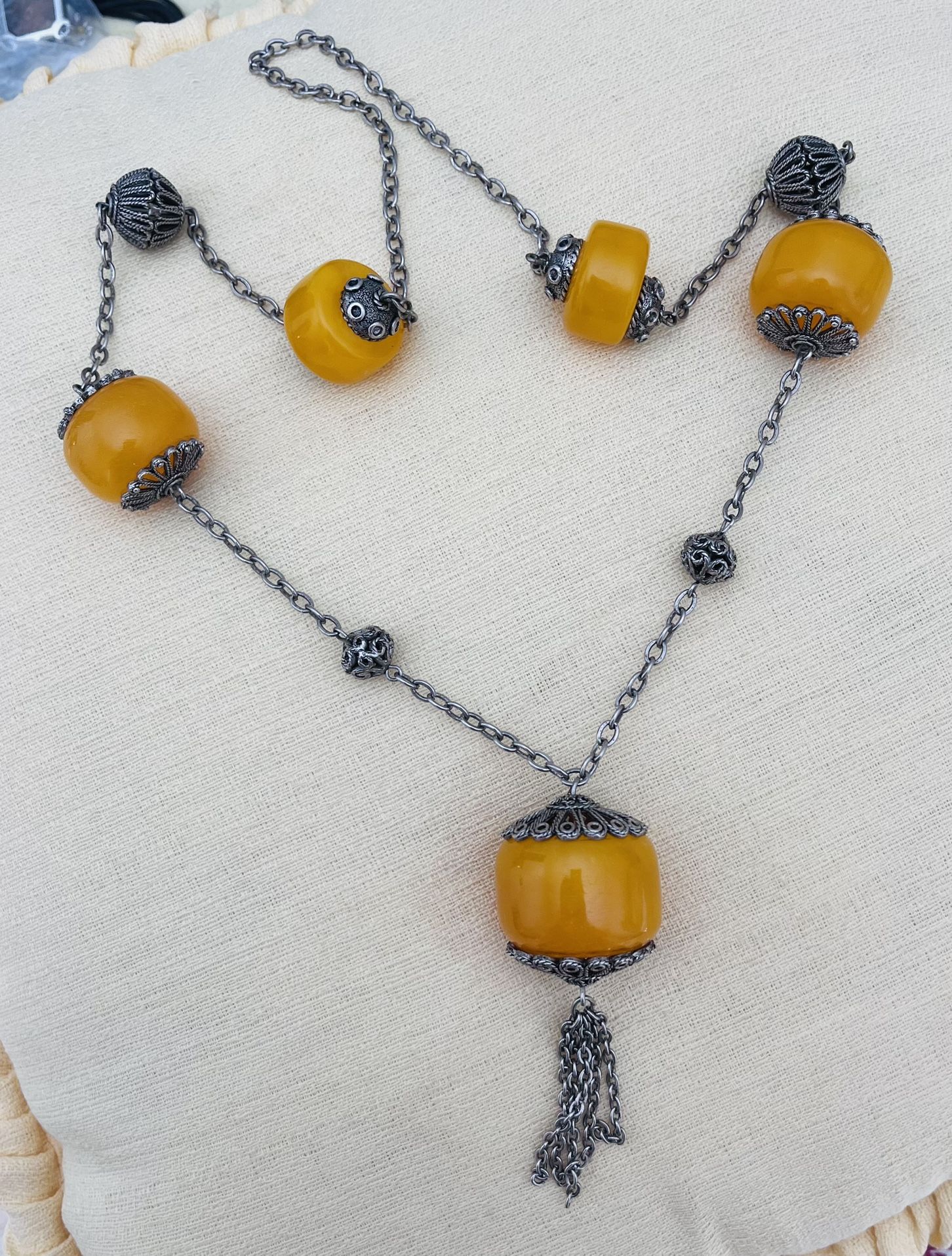 Vtg African Amber Necklace Silvertone Filigree