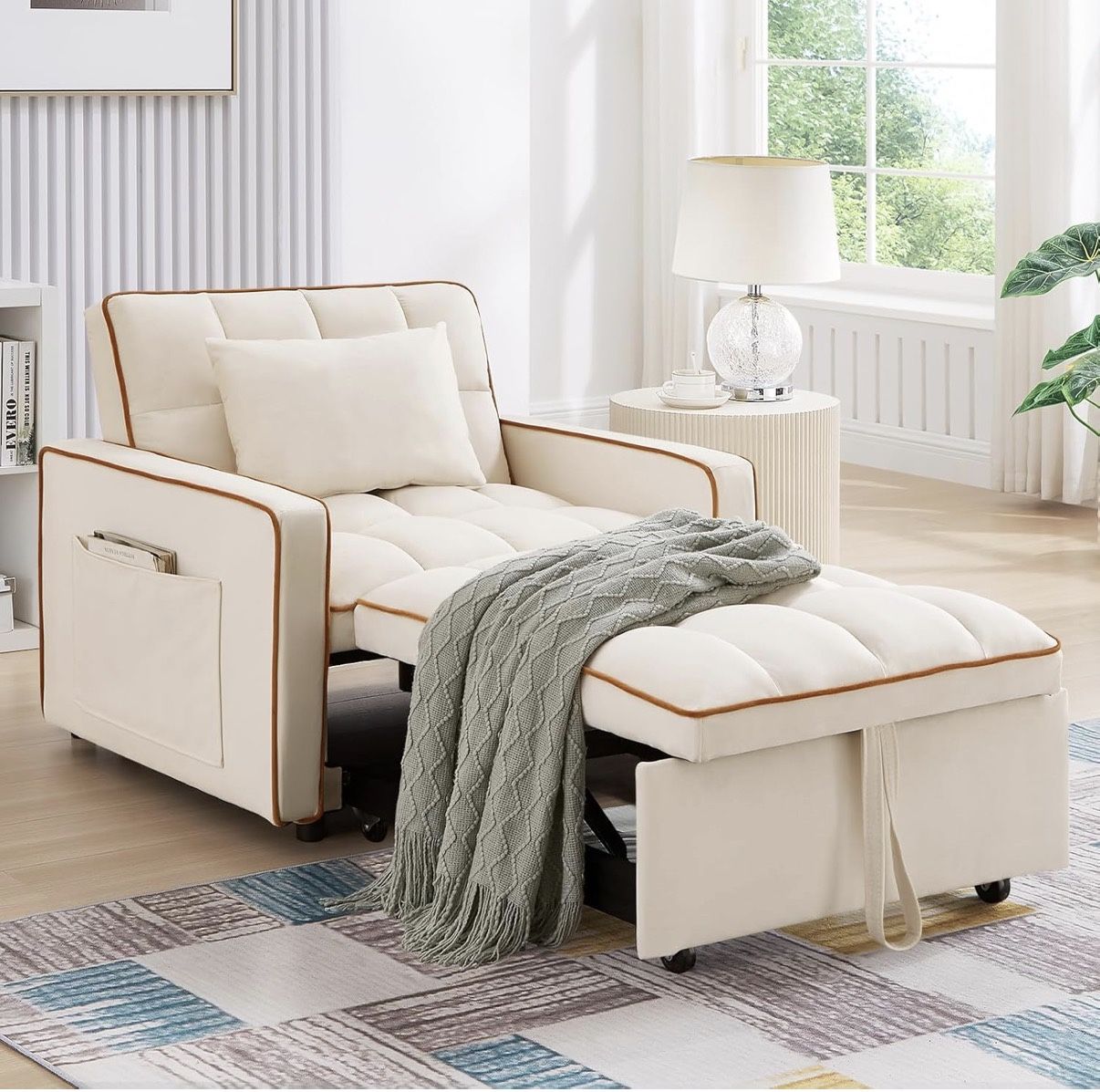 Convertible Sleeper Chair Bed, 3 in 1 Modern Velvet Pull Out Sofa Bed, Small Tufted Single Sleeper Chair with Adjustable Backrest/Pillow for Living Ro