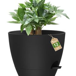 12 Inch Large Self Watering Pots, Flower Pots with Multi-Mesh Drainage Holes and Saucer, Planters for Indoor and Outdoor Garden Plants (Black)