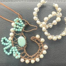 Handmade Wire Wrapped Turquoise & Pearl Sea Horse Necklace Pendant 