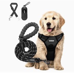 Dog Harness and Leash Set-No Pull Dog Harness for Medium Size Dogs- Color Black. Includes a Free 5 Foot Leash and a Doggy Seatbelt 