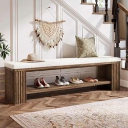 63" Solid Wood Entryway Bench, Modern Upholstered End Of Bed Bench