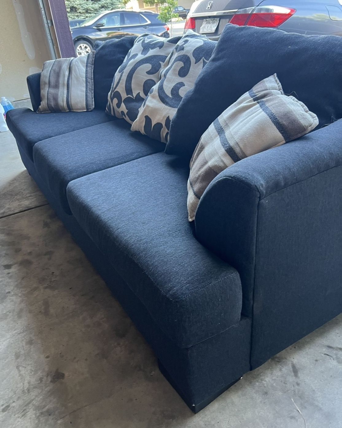 Dark Blue 96” Modern Sofa with Floral Design Cushions by Mor Furniture