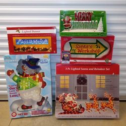5 ~ Light Up CHRISTMAS Indoor/Outdoor Yard Decorations SANTA WORKSHOP SIGN, SLEIGH, SNOWMAN etc 