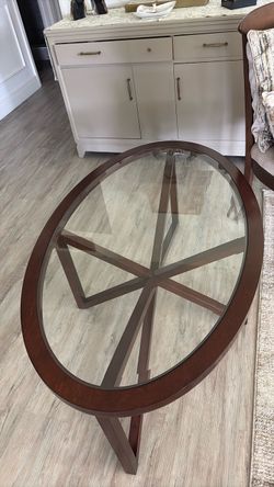 Round Glass Top Coffee Table Cherry Wood