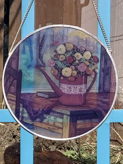 Vintage Stained Glass Art Sun Catcher Still Picture Watering Can Flower Vase