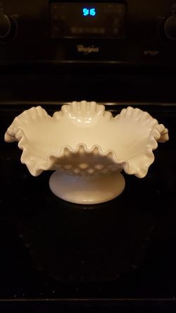 Ruffled Hobnail Milk Glass Footed Dish