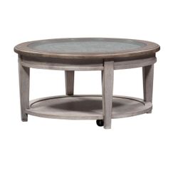 38"D Round Ceiling Tile Coffee Cocktail Table w/Glass Insert Antique White
