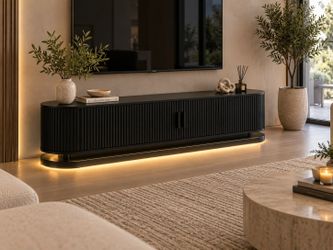 TV Stand with Sliding Wood Slatted Cable Management for Living Room, Black