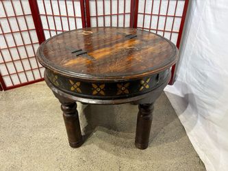 Rustic Lift Top Side Table with Gold Floral Details
