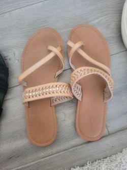Tan Woven Strap Flat Sandals - Size 10