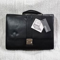 Kenneth Cole REACTION Flapover Portfolio Black Leather Briefcase Bag Open Box