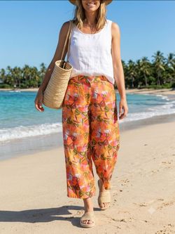 ​C&C California Women's 100% Linen Wide Leg Cropped Pants XL Floral Tropical Orange