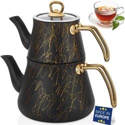 Black & Gold Avangarde Granite Teapot Set / Çaydanlık