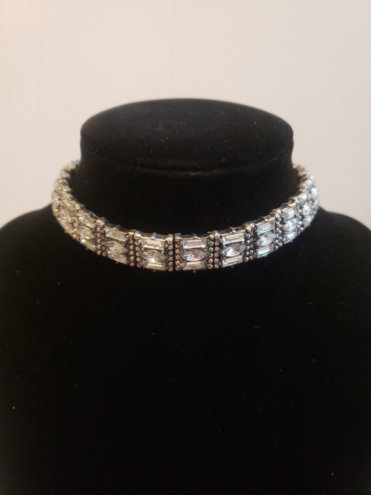 Baublebar Crystal Baquette Rhinestones Silvertone Collar Necklace 14" F10 