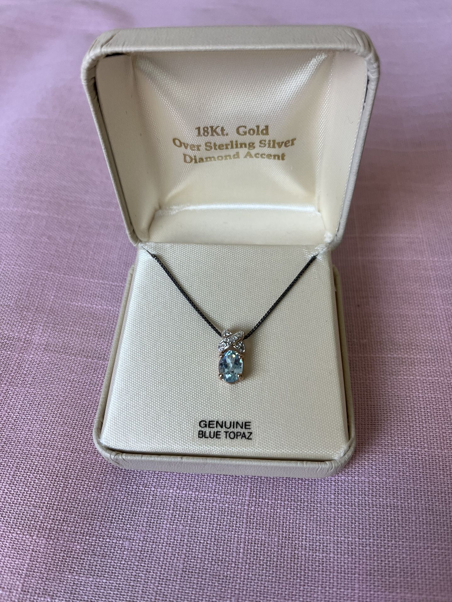 NEW 18kt Gold over Sterling Silver Genuine Blue Topaz Diamond Accent Necklace NOVEMBER Birthstone