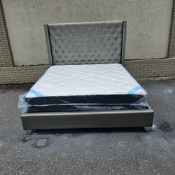 Silver King Size  Upholstery  Sofia Vergara Bed Frame With Brand New King Size Plush DreamCloud Premier Hybrid Mattress And Box Spring In Plastic 