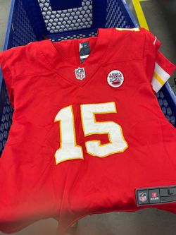 youth red Nike Kansas City Chiefs football jersey with the number 15, which is associated with quarterback Patrick Mahomes.
