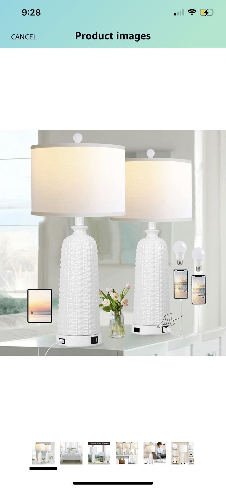 Modern Ceramic Lamps for Living Room Set of 2, Touch Table Lamp with Dual USB Ports and AC Outlet