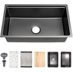 Black Kitchen Sink, 32 Inch Stainless Steel 32''×18'' ×9'' Undermount Single Bowl Workstation Black