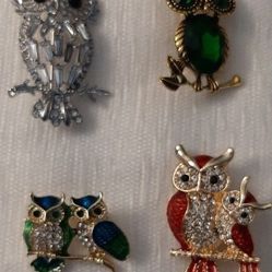 Various Owl Brooches with Crystals.