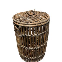 Large Vintage Split bamboo Covered Basket Boho Laundry storage 